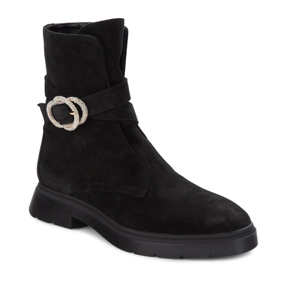 NEW STUART WEITZMAN 32MM Crystal Buckle Suede Ankle Boots